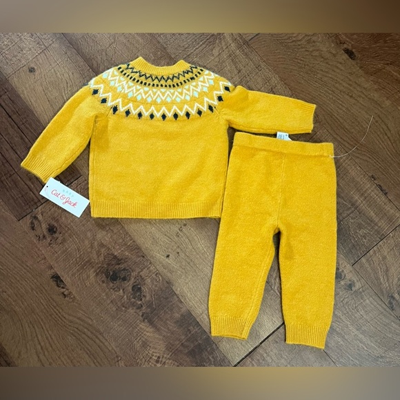 NWT fair isle baby girl 2 two piece outfit 12 months yellow sweater pants - Picture 6 of 7